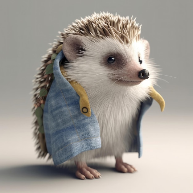 3D cartoon Hedgehog-portret met kleren, bril, hoed en jas die vooraan staat