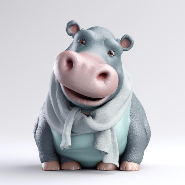 3D cartoon hippo portrait wearing clothes standing in front studio lights generative ai