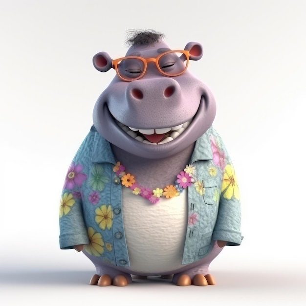 3D cartoon hippo portrait wearing clothes standing in front studio lights generative ai