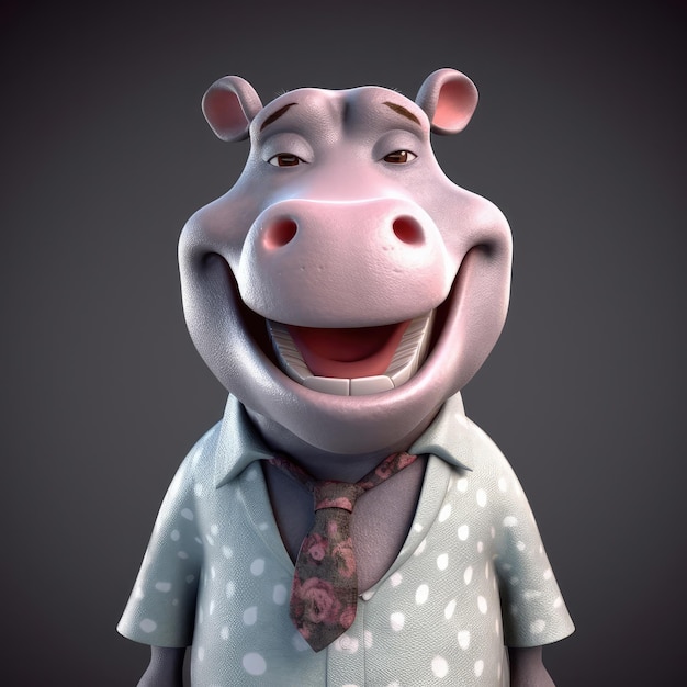 3D cartoon hippo portrait wearing clothes standing in front studio lights generative ai