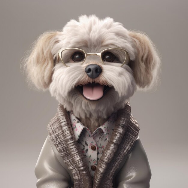 3D cartoon hond portret dragen kleding bril hoed en jas staan vooraan