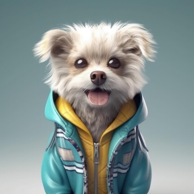 3D cartoon hond portret dragen kleding bril hoed en jas staan vooraan