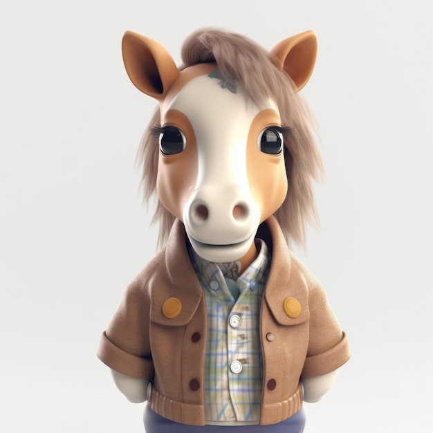 3D cartoon Horse portrait wearing clothes glasses hat and jacket standing in front