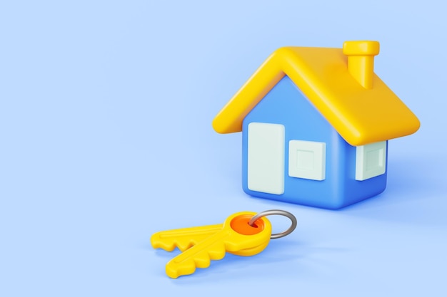 3d cartoon house building and door keys on blue background Concept of buying or selling property real estate investment mortgage loan for home purchase or construction banner