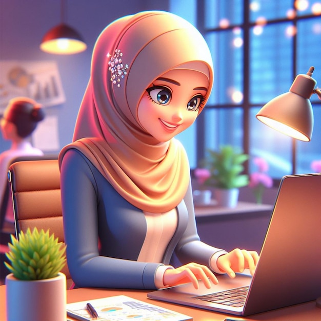3D-cartoon-illustratie met een mooie vrouw met een hijab die ijverig aan haar laptop werkt