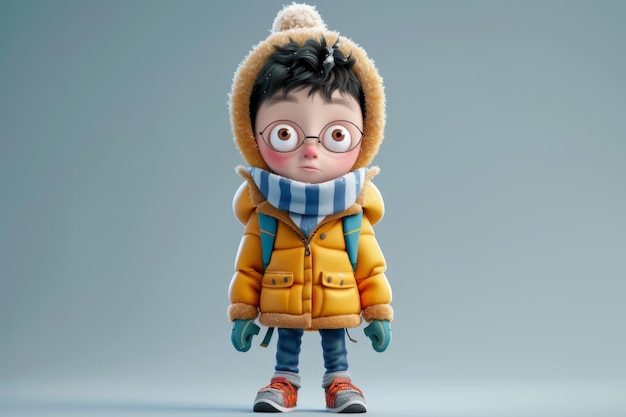 3D cartoon illustratie van een jongen in winterkleding op een grijze achtergrond