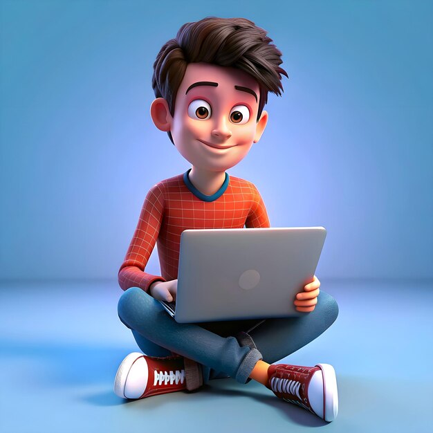 Foto 3d cartoon illustratie van een tiener jongen die op de vloer zit en met een laptop werkt