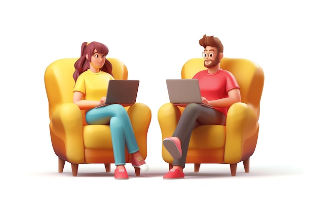 3D cartoon illustratie van man en vrouw die op fauteuils zitten met een laptop computer