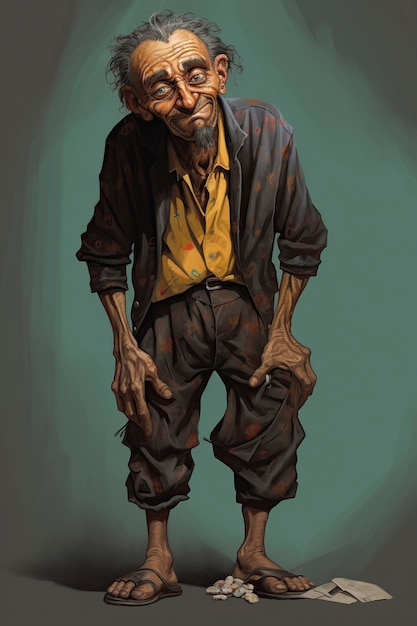 3D cartoon illustration of a beggar with holes in his pants