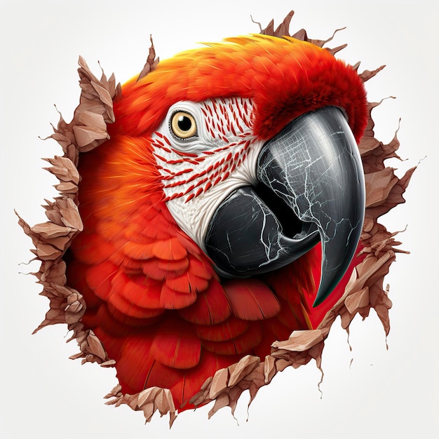 Foto un'illustrazione di cartone animato 3d di un pappagallo carino che guarda fuori da un buco laterale rotto trasparente