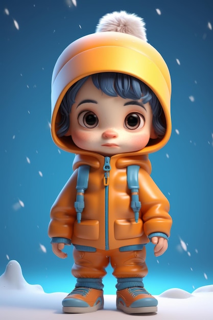 3D cartoon illustration depicting a boy in winter clothes on the street