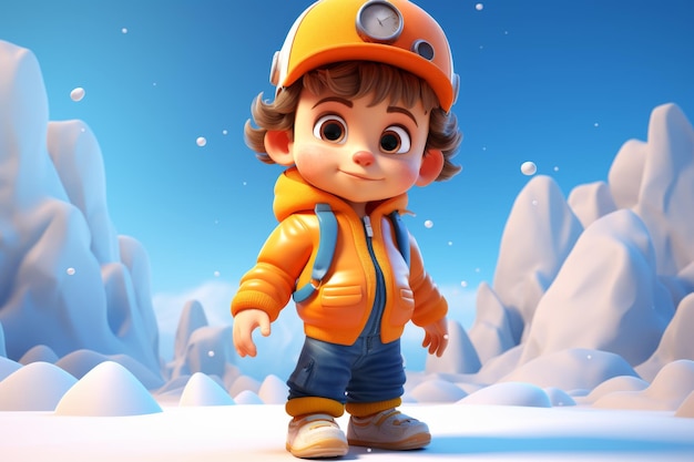 3D cartoon illustration depicting a boy in winter clothes on the street