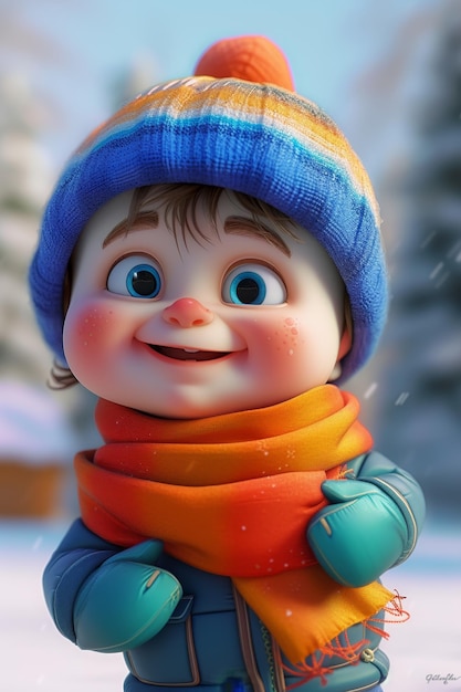 3D cartoon illustration depicting a boy in winter clothes on the street