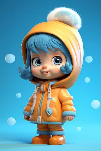 파란 바탕에 겨울 옷을 입은 소녀를 묘사하는 3D 만화 일러스트레이션