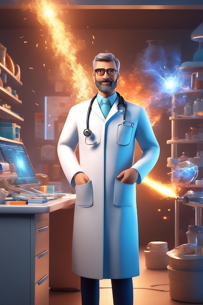 3d cartoon illustration of an doctor man with hospital background and stethoscope