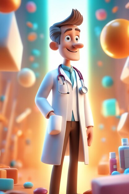 3d cartoon illustration of an doctor man with hospital background and stethoscope