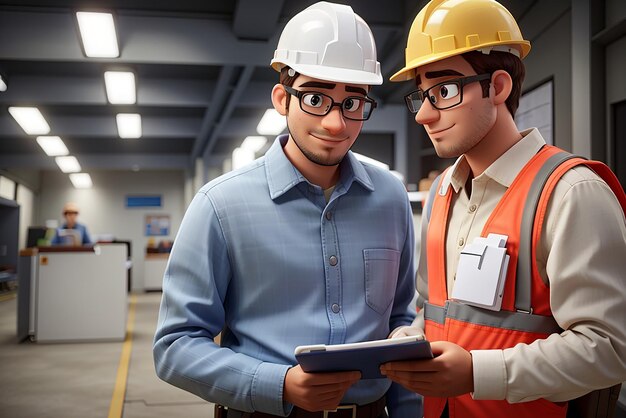 3d cartoon illustration of an engineer in Engineering background In factory