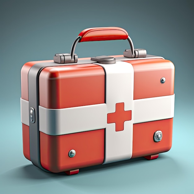 Photo 3d cartoon illustration first aid kit box red and white isolated on grey background