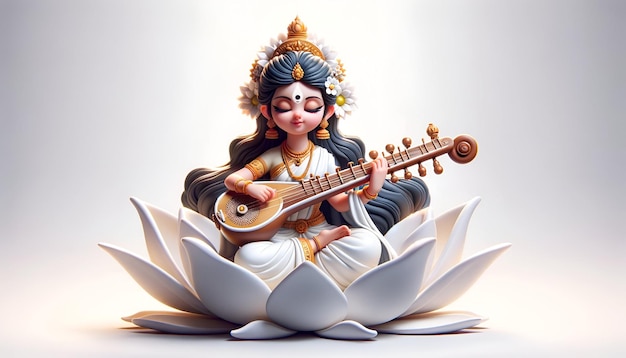 3d cartoon illustration of goddess saraswati sitting on a white lotus