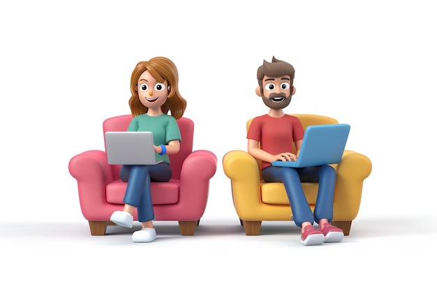 3Dアニメで男性と女性がラップトップコンピュータでアームチェアに座っている