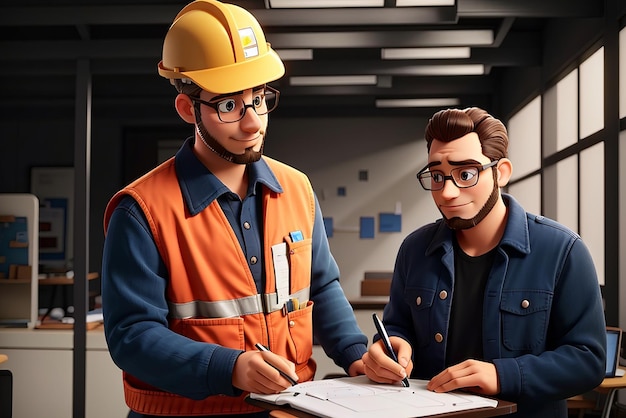Фото 3d мультфильм иллюстрация инженера в инженерном фоне на заводе