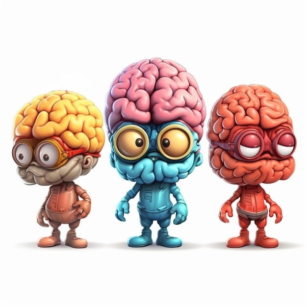 3d cartoon illustration of a Stressed brain in different positions