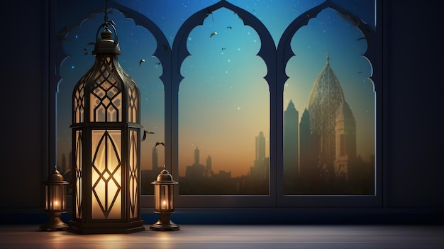 3D cartoon illustrations of mosques and lanterns produced for the holy festivalAI generated