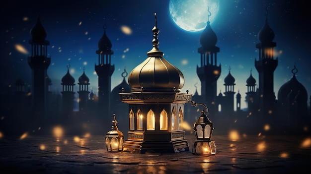 3D cartoon illustrations of mosques and lanterns produced for the holy festivalAI generated