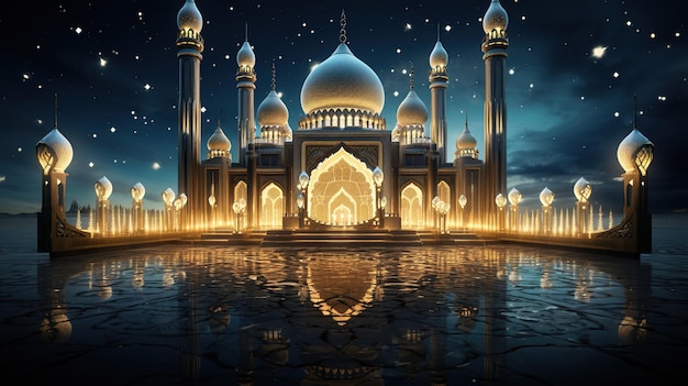聖なる祭りのために制作されたモスクとランタンの 3D 漫画イラスト AI が生成