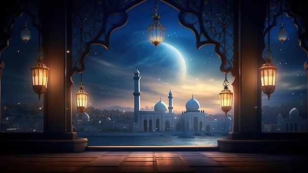 Фото 3d мультяшные иллюстрации мечетей и фонарей, созданные для священного праздника. создан искусственным интеллектом.