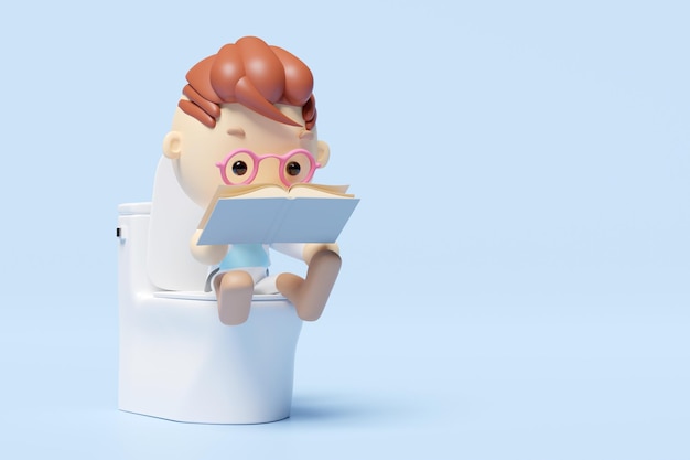 3d cartoon jongen personage zit op het toilet in de badkamer het lezen van een boek geïsoleerde blauwe achtergrond 3d render illustratie clipping pad