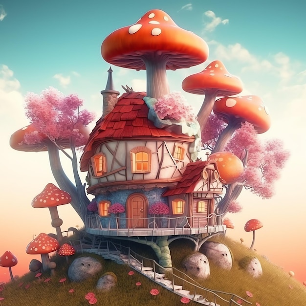 3D cartoon kabouter huis met bos ontwerp illustratie