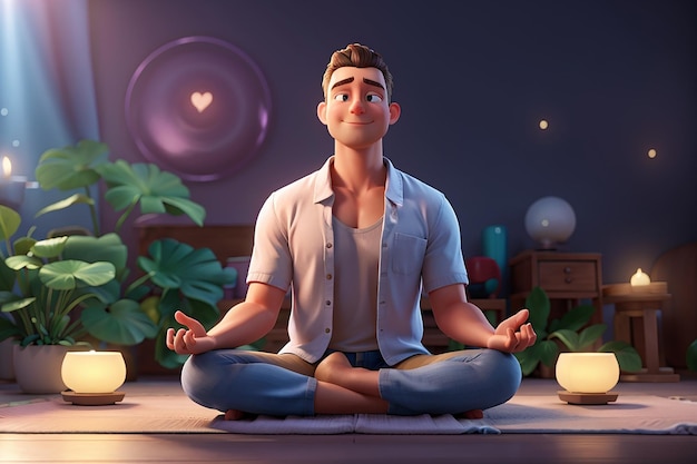 3D cartoon karakter illustratie van mediterende man zittend op de vloer in yoga lotuspositie