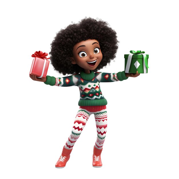 3D cartoon karakter jonge vrouw draagt een kerst trui met geschenkdoos geïsoleerd op een witte achtergrond ai genereren