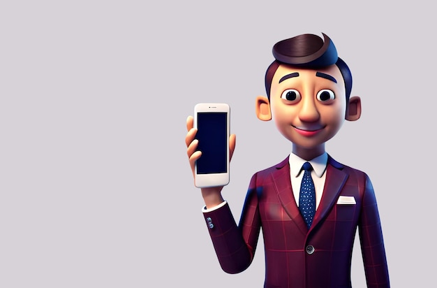 3d cartoon karakter man toont smartphone met leeg mock-up scherm