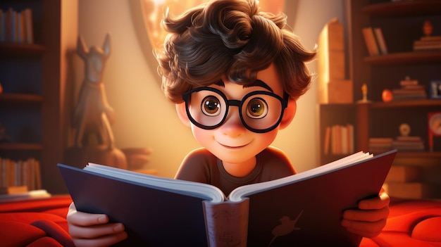 A 3D cartoon kid in oversized glasses reading a book