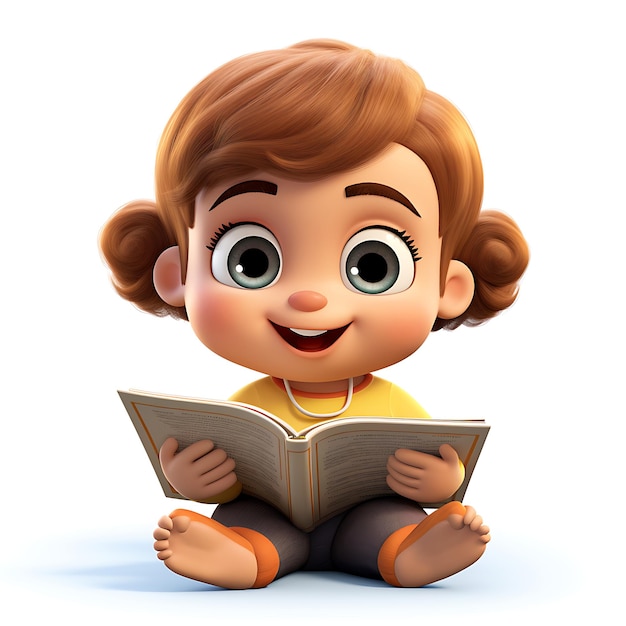 Premium AI Image | 3d cartoon kid reading book on white background