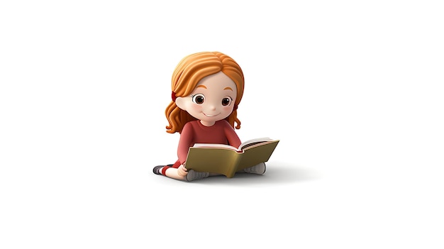 3d cartoon kid reading book on white background