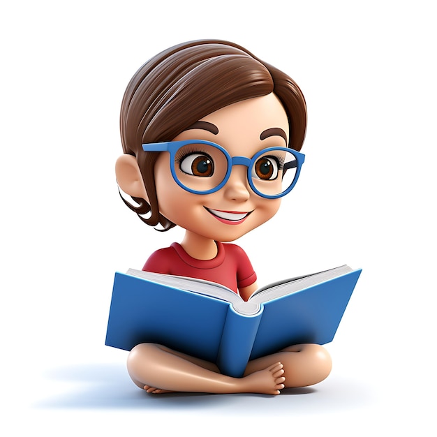 3d cartoon kid reading book on white background