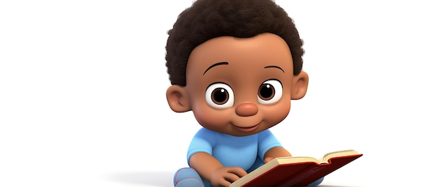 3d cartoon kid reading book on white background