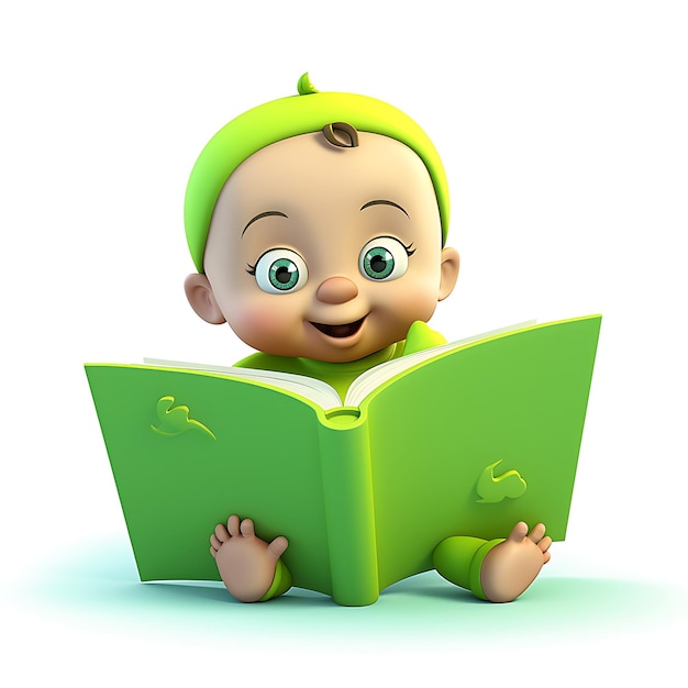 3d cartoon kid reading book on white background