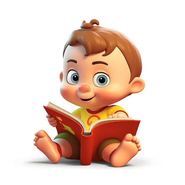 3d cartoon kid reading book on white background