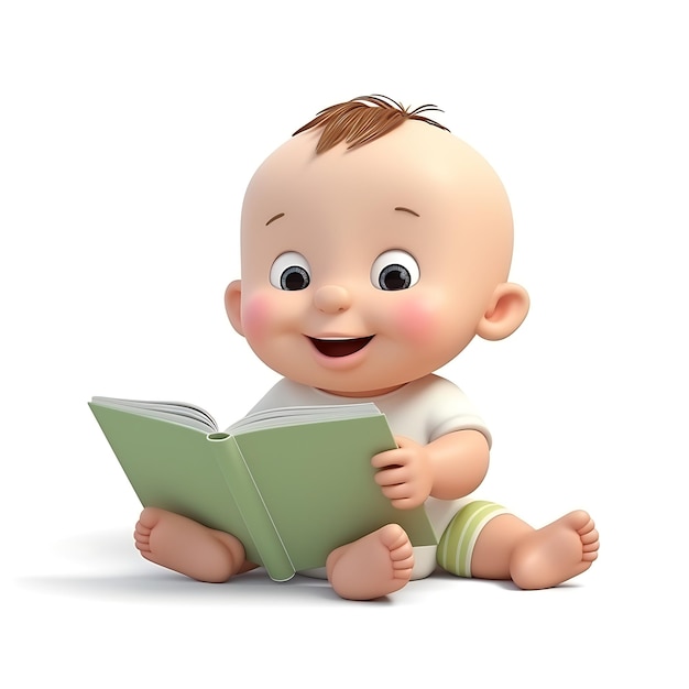 3d cartoon kid reading book on white background