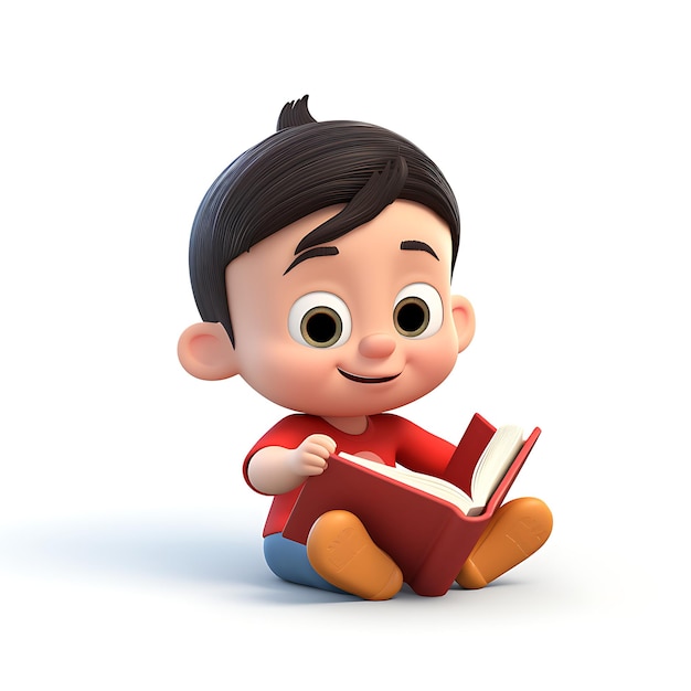 3d cartoon kid reading book on white background