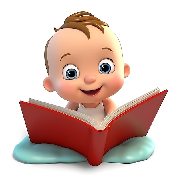 3d cartoon kid reading book on white background