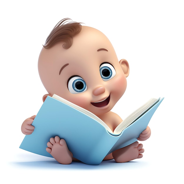 3d cartoon kid reading book on white background