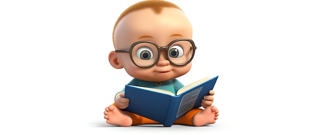 3D мультфильм ребенок читает книгу на белом фоне