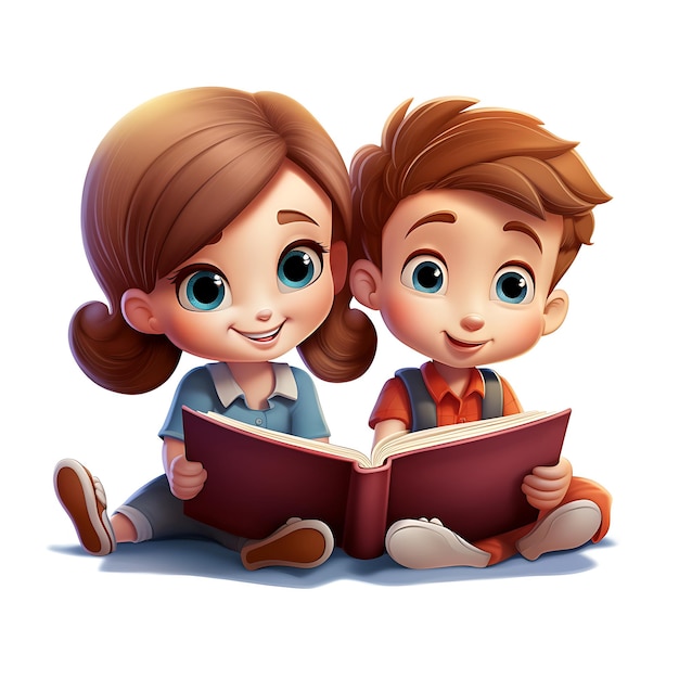 Photo 3d cartoon kid reading book on white background