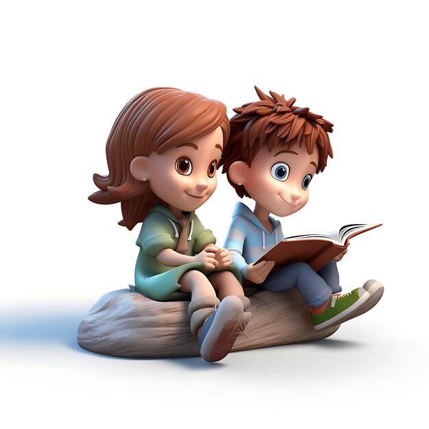 Foto libro di lettura del bambino del fumetto 3d su fondo bianco