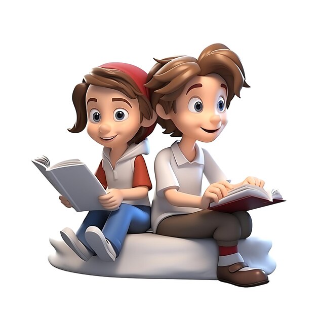 Photo 3d cartoon kid reading book on white background